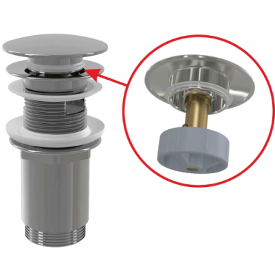 Донный клапан сифона для умывальника цельнометаллический с переливом и большой заглушкой